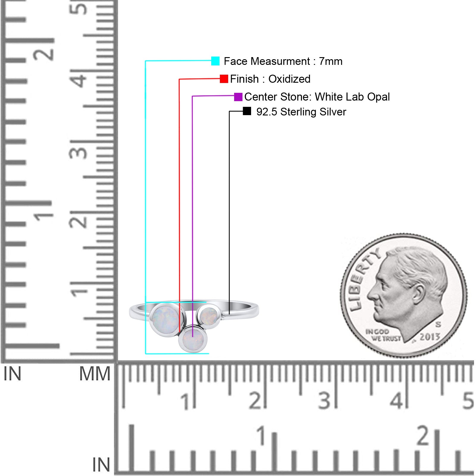Three-Stone Lab Created Opal Ring 925 Sterling Silver