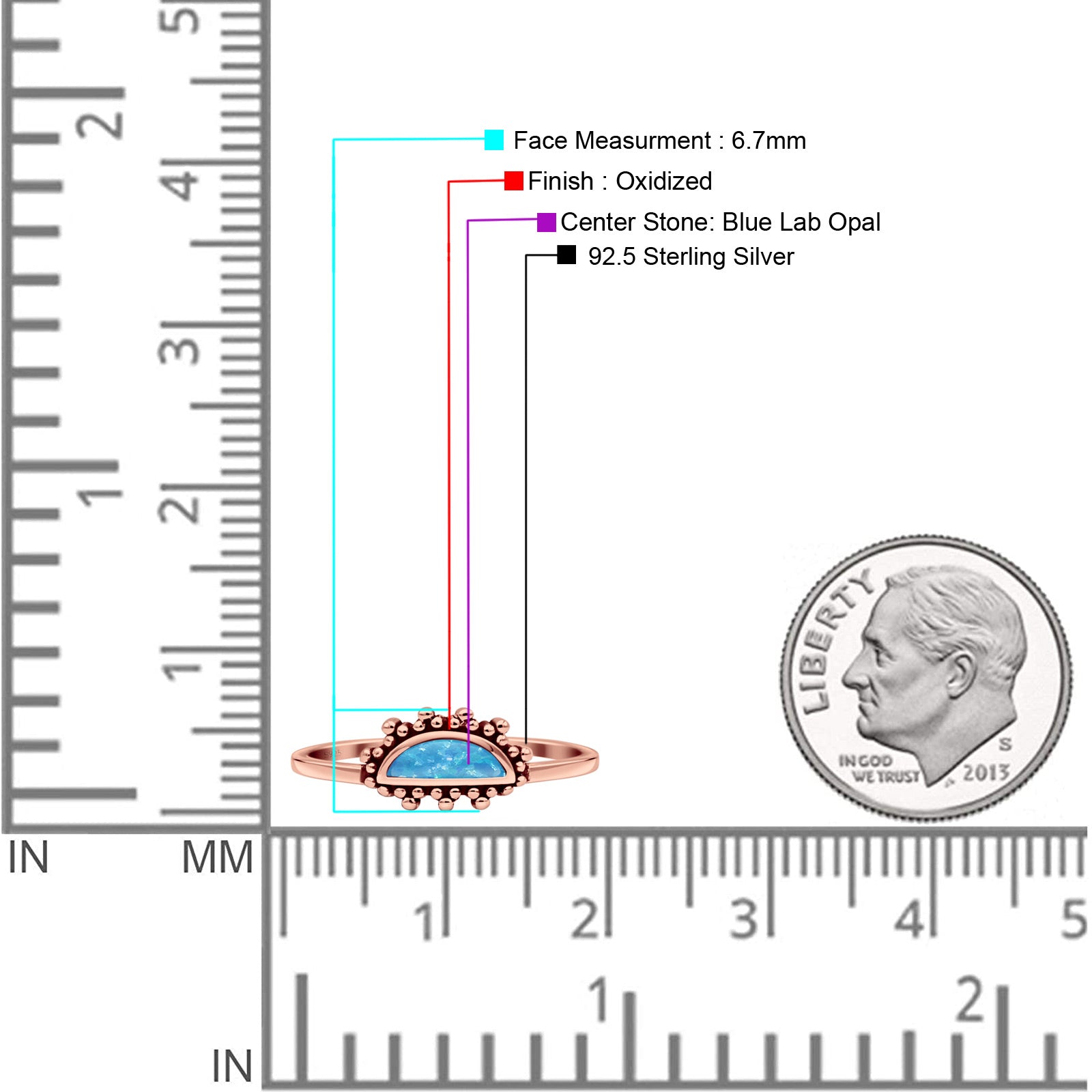 Half  Crescent Moon Ring Lab Created Opal 925 Sterling Silver