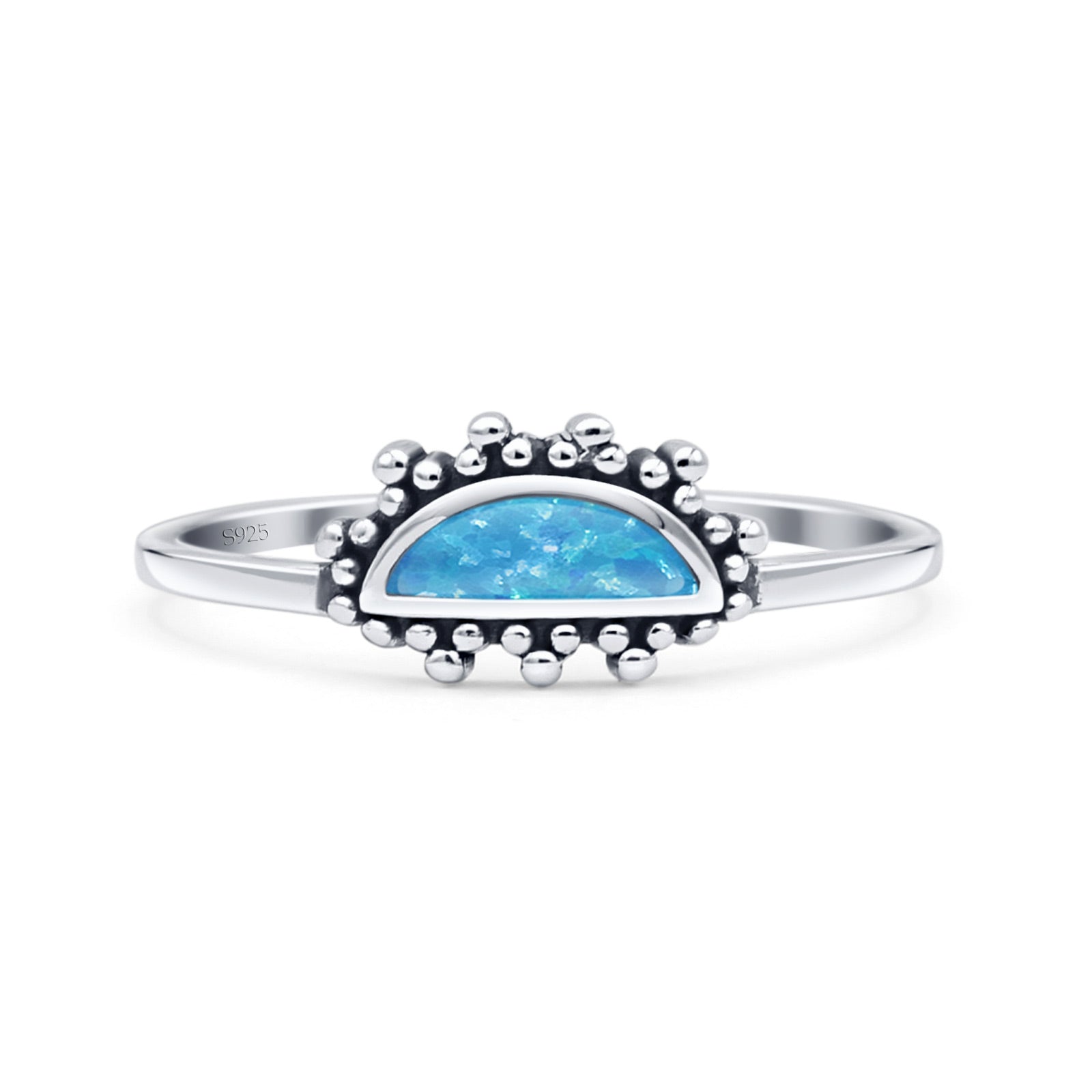 Half  Crescent Moon Ring Lab Created Opal 925 Sterling Silver