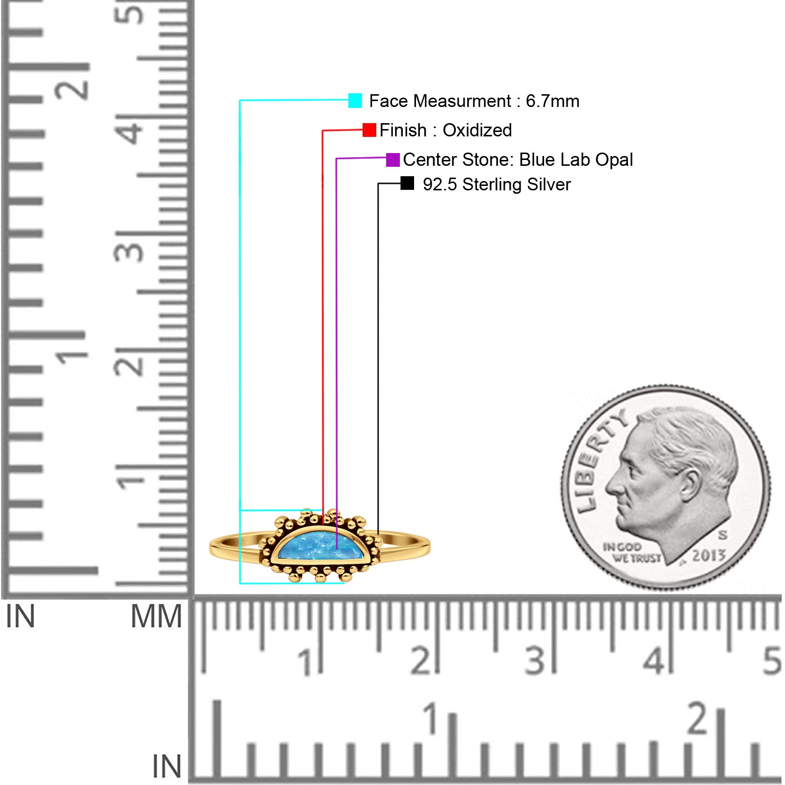 Half  Crescent Moon Ring Lab Created Opal 925 Sterling Silver