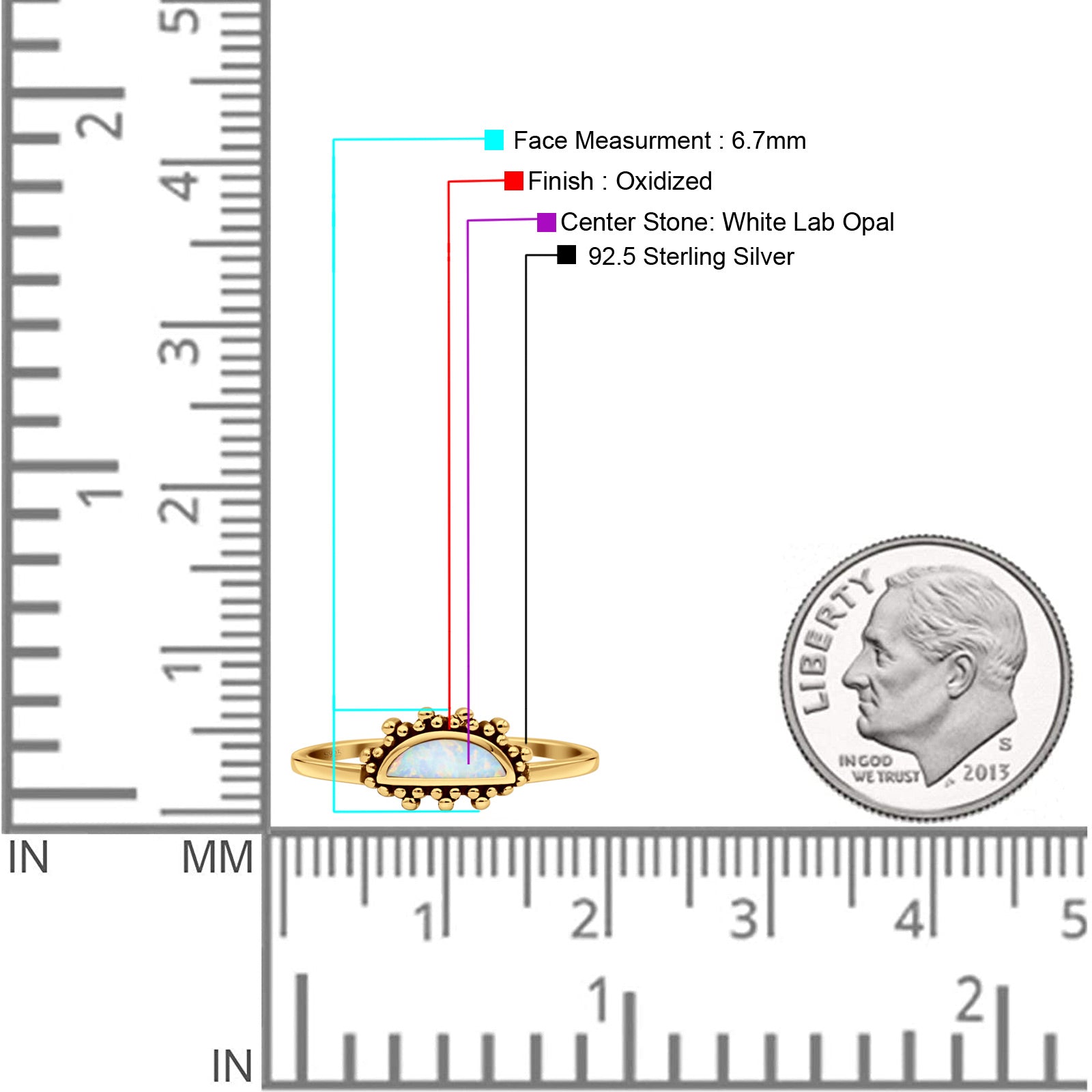 Half  Crescent Moon Ring Lab Created Opal 925 Sterling Silver
