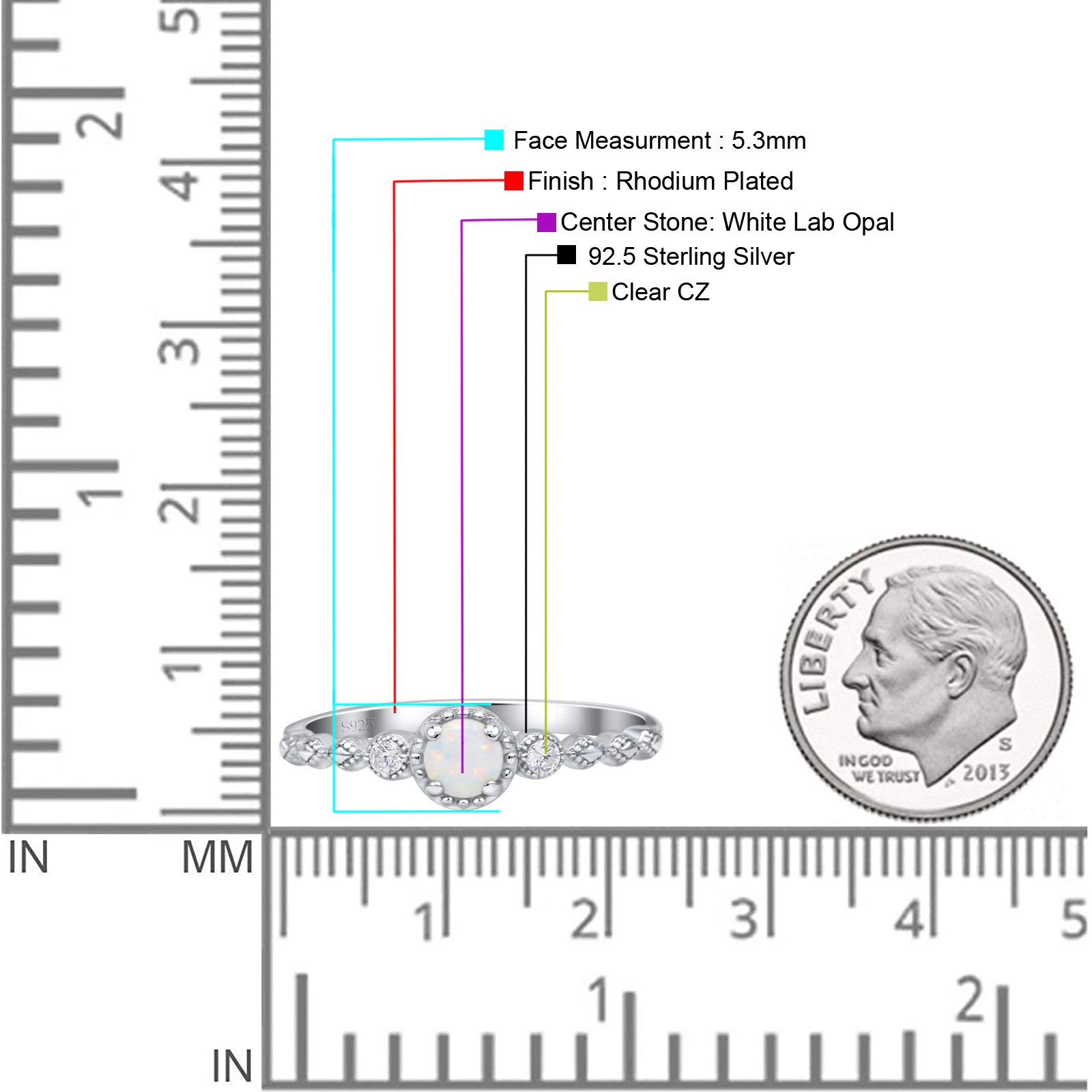 Art Deco Round Rhodium Plated Thumb Ring Statement Fashion Ring Lab Created Opal 925 Sterling Silver