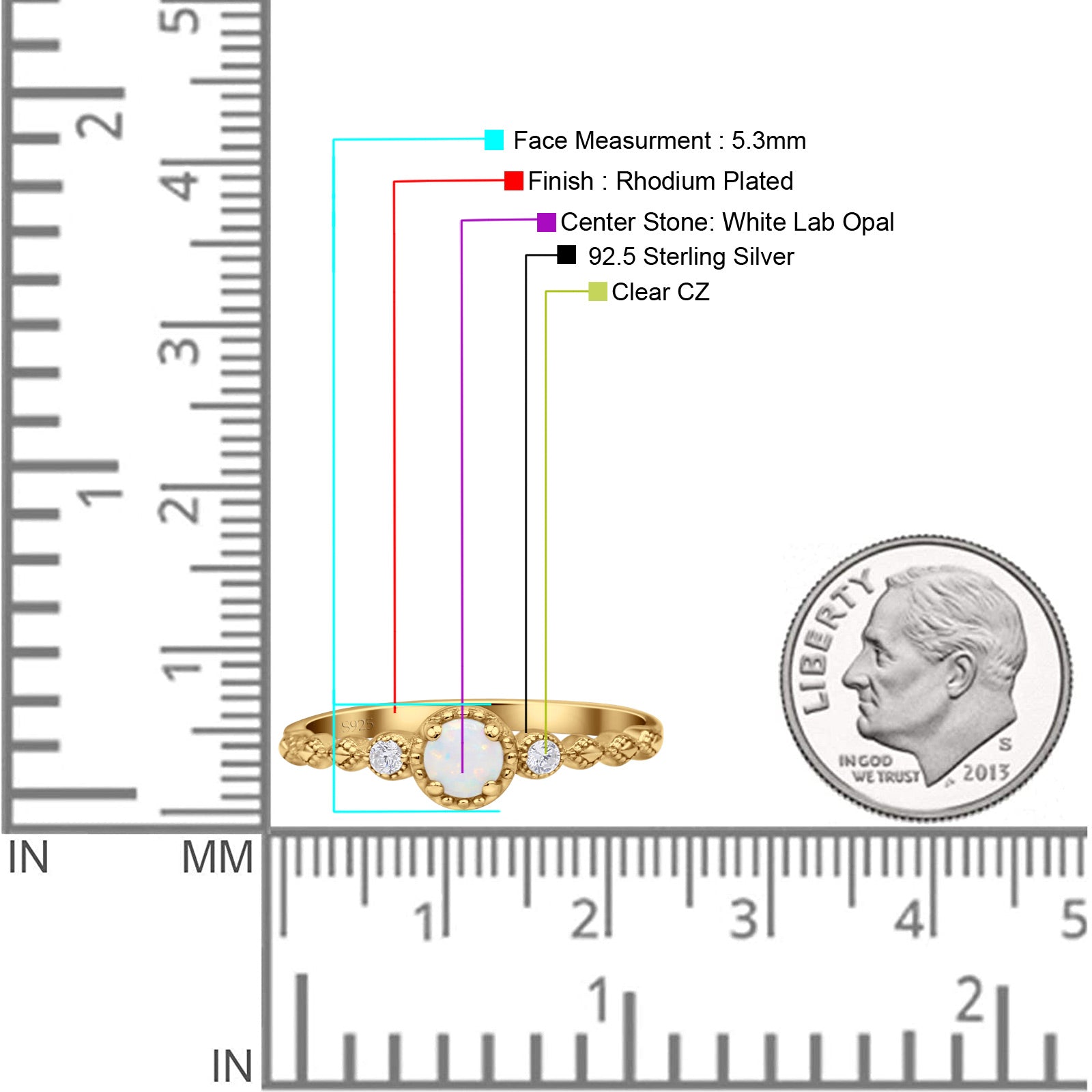 Art Deco Round Rhodium Plated Thumb Ring Statement Fashion Ring Lab Created Opal 925 Sterling Silver