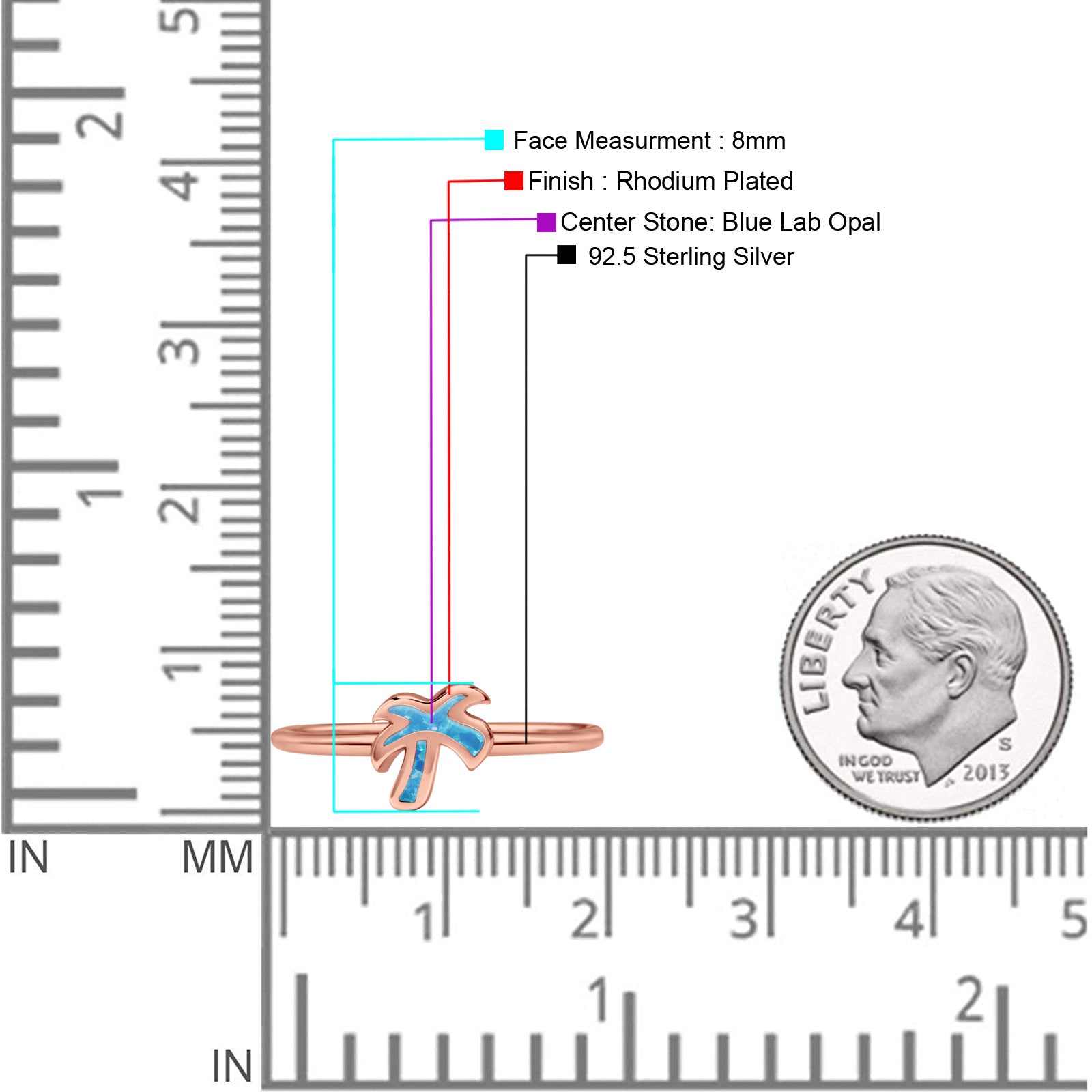 Small Petite Dainty Palm Tree Band Thumb Ring Statement Fashion Ring Lab Created Opal 925 Sterling Silver
