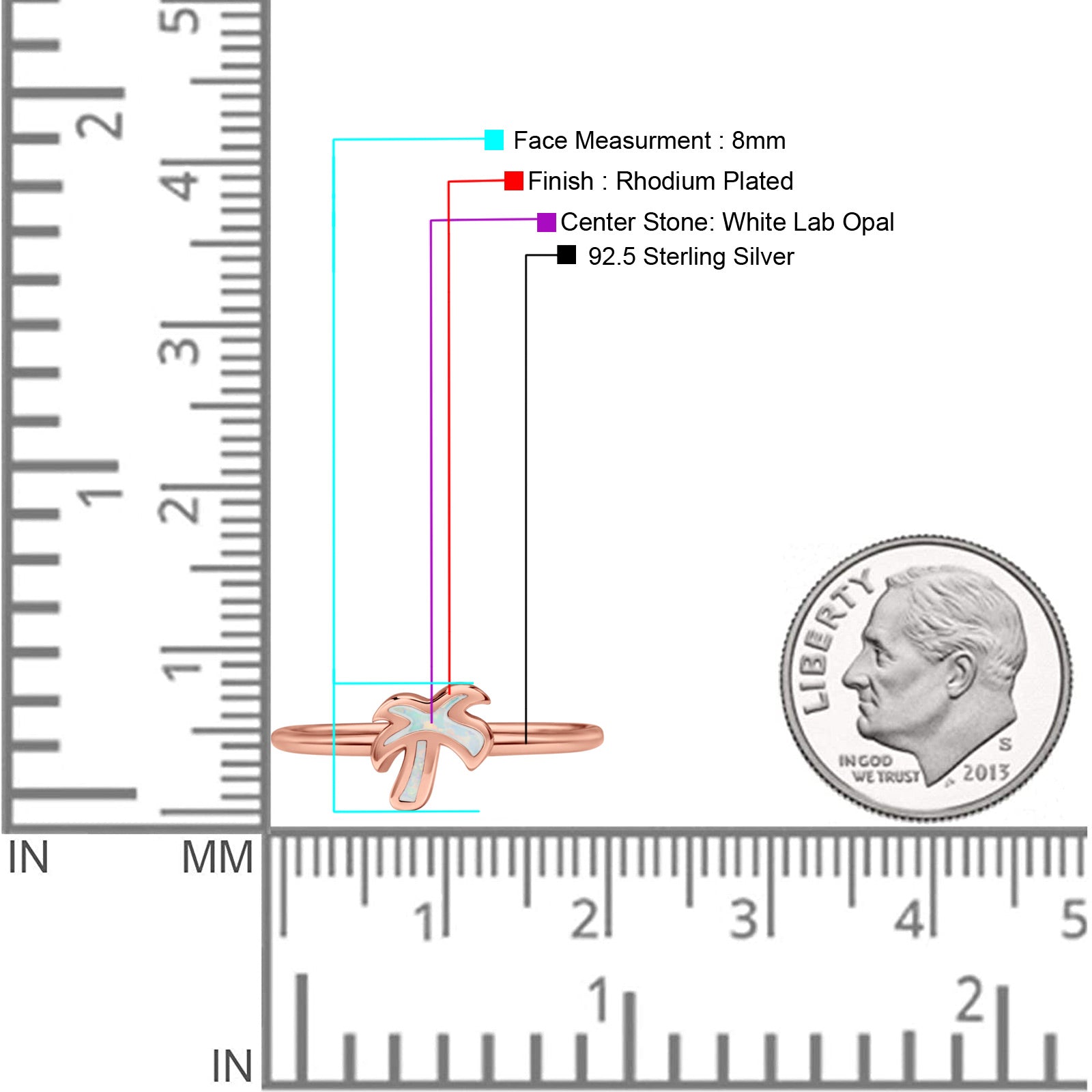 Small Petite Dainty Palm Tree Band Thumb Ring Statement Fashion Ring Lab Created Opal 925 Sterling Silver