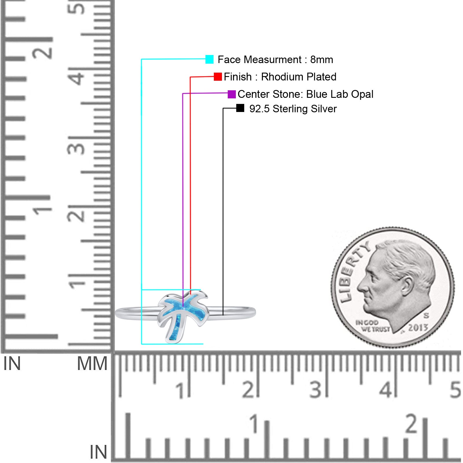 Small Petite Dainty Palm Tree Band Thumb Ring Statement Fashion Ring Lab Created Opal 925 Sterling Silver