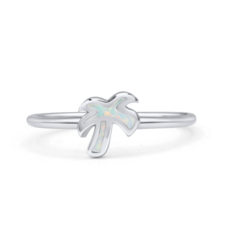 Small Petite Dainty Palm Tree Band Thumb Ring Statement Fashion Ring Lab Created Opal 925 Sterling Silver