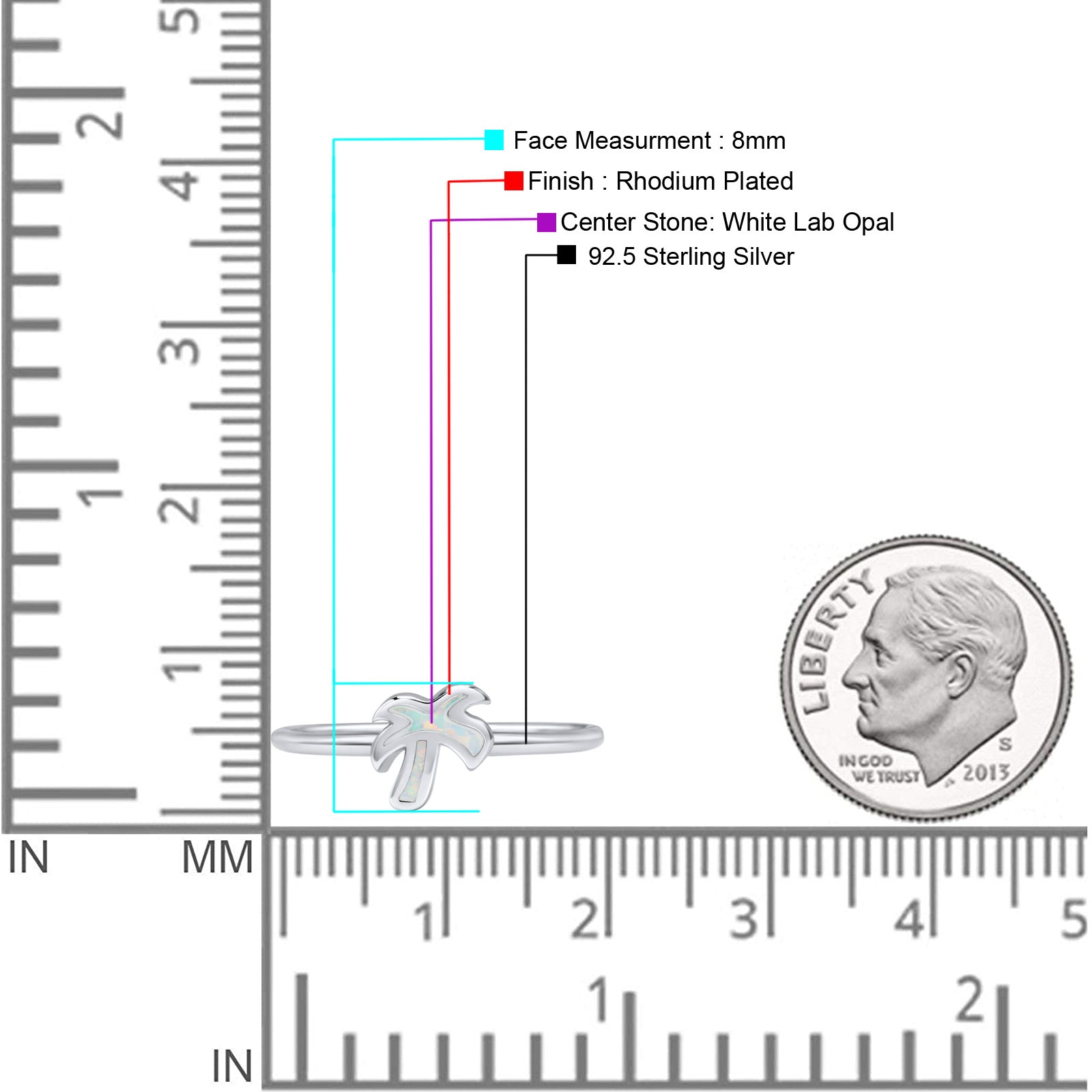 Small Petite Dainty Palm Tree Band Thumb Ring Statement Fashion Ring Lab Created Opal 925 Sterling Silver