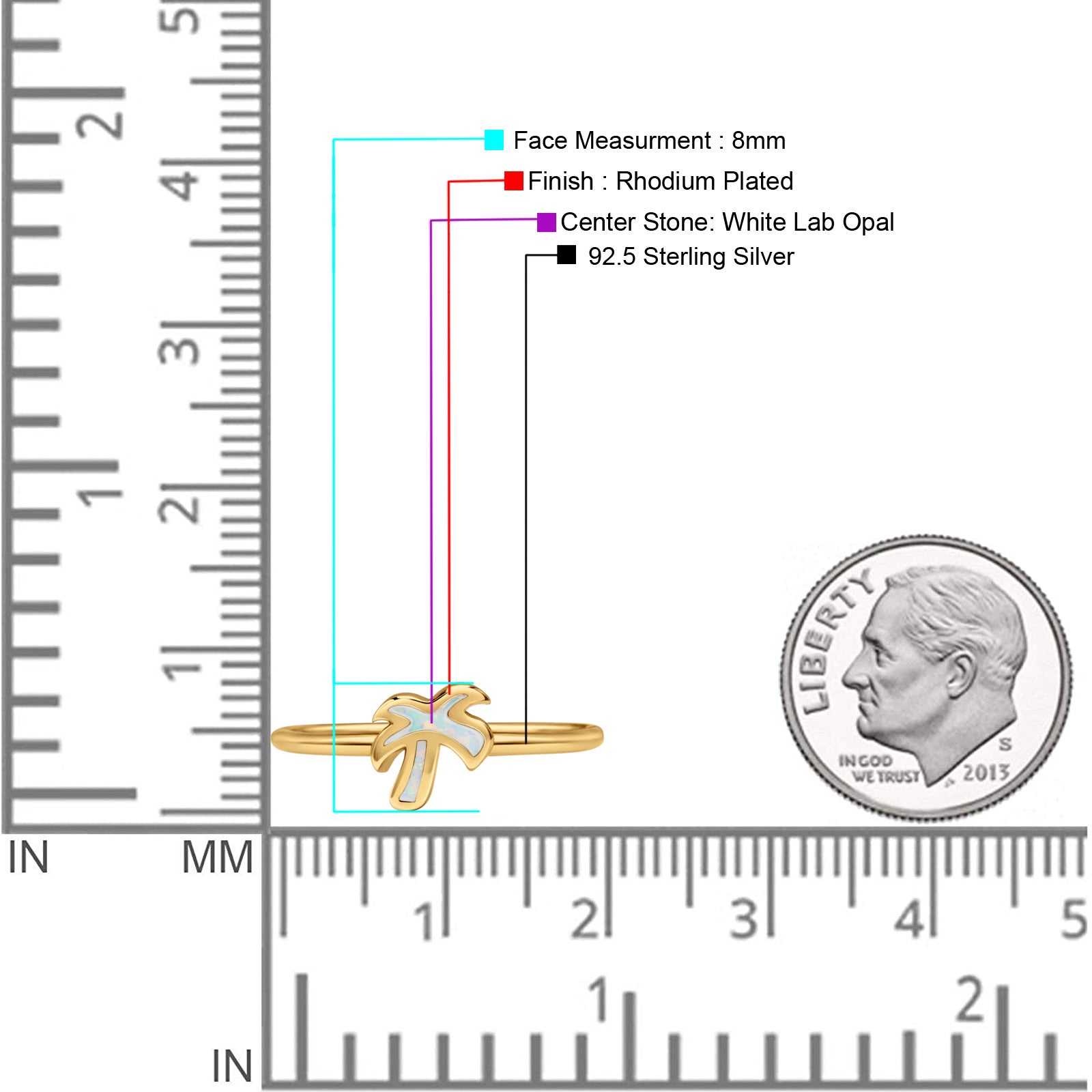 Small Petite Dainty Palm Tree Band Thumb Ring Statement Fashion Ring Lab Created Opal 925 Sterling Silver