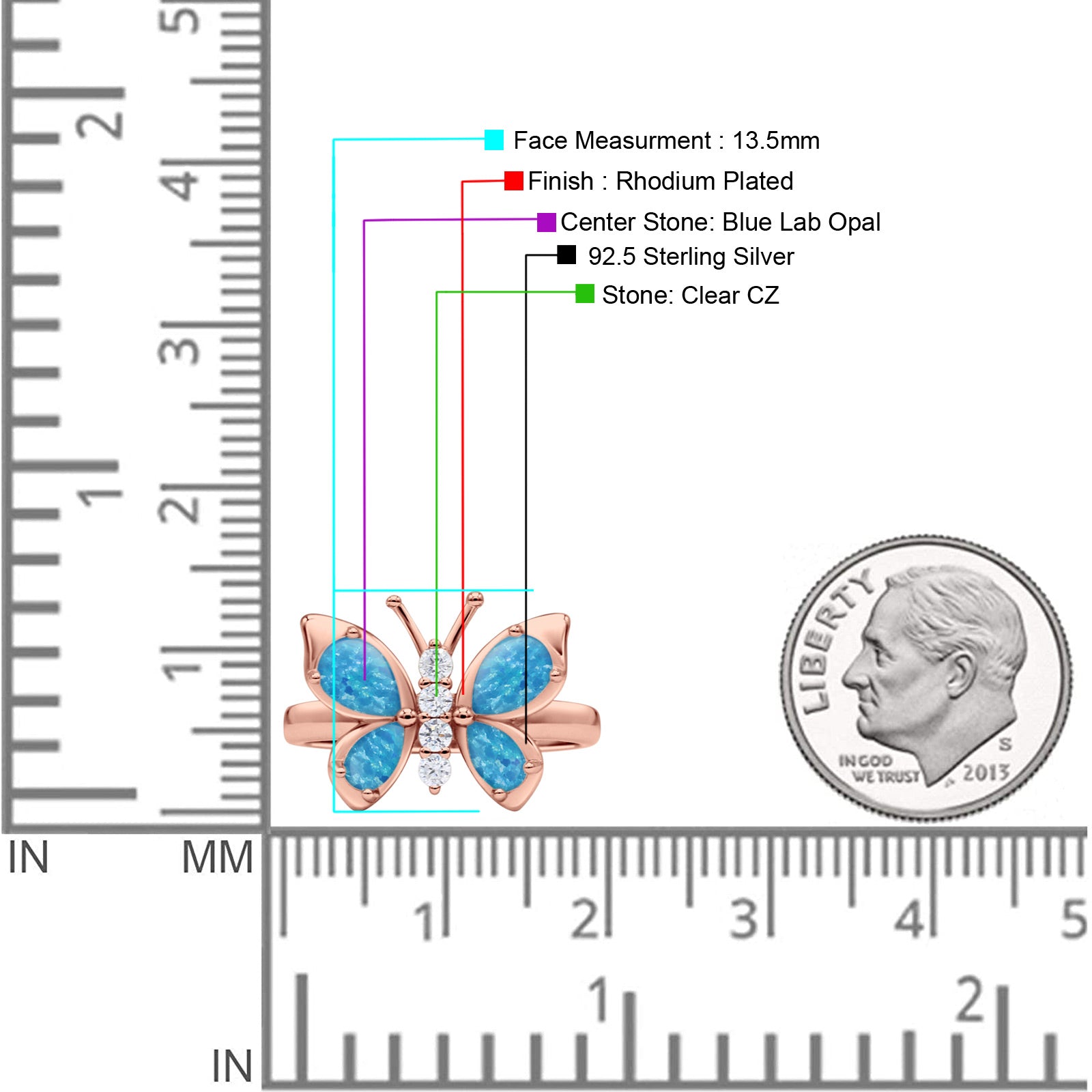 Butterfly Ring Band Thumb Ring Statement Fashion Ring Lab Created Opal Round CZ 925 Sterling Silver