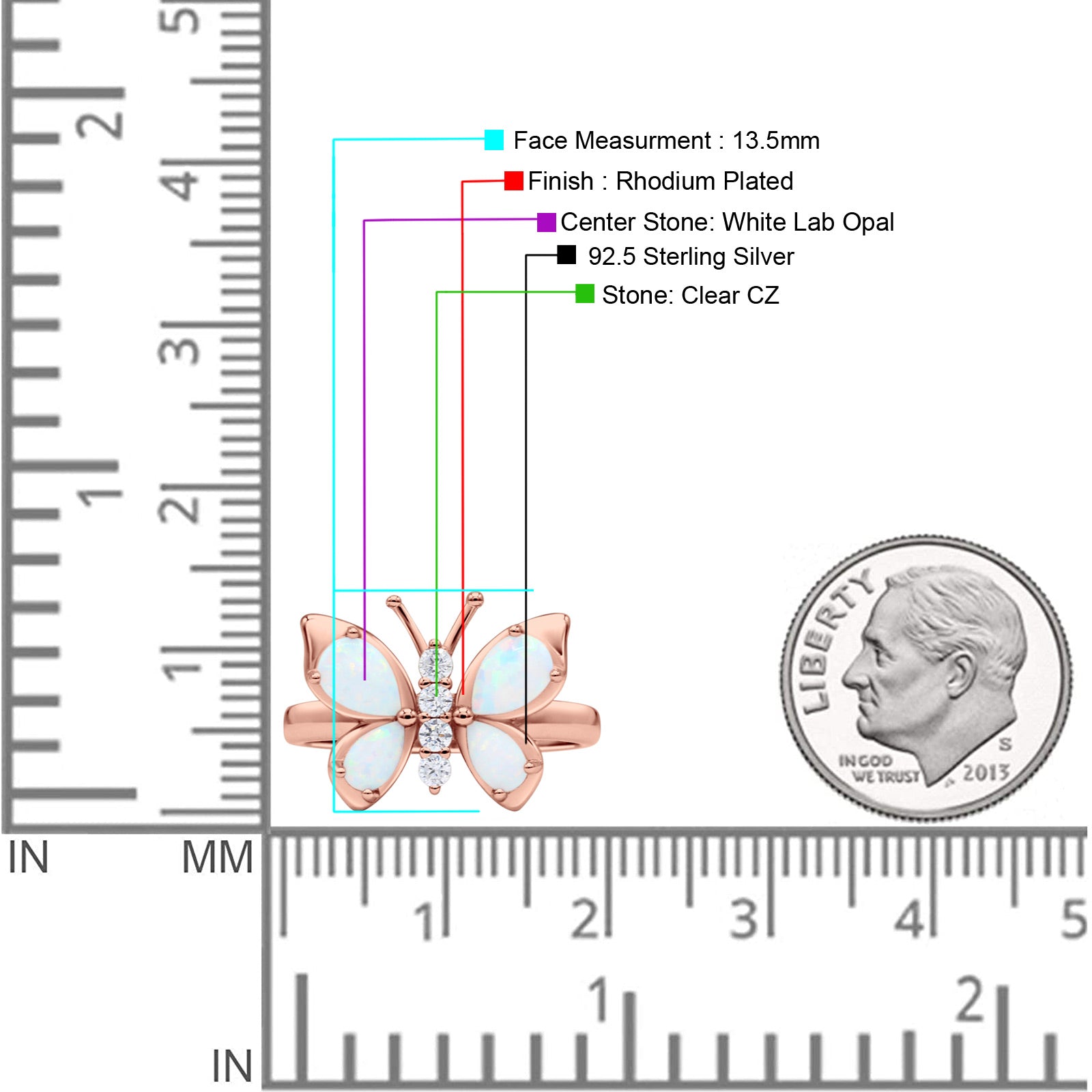Butterfly Ring Band Thumb Ring Statement Fashion Ring Lab Created Opal Round CZ 925 Sterling Silver