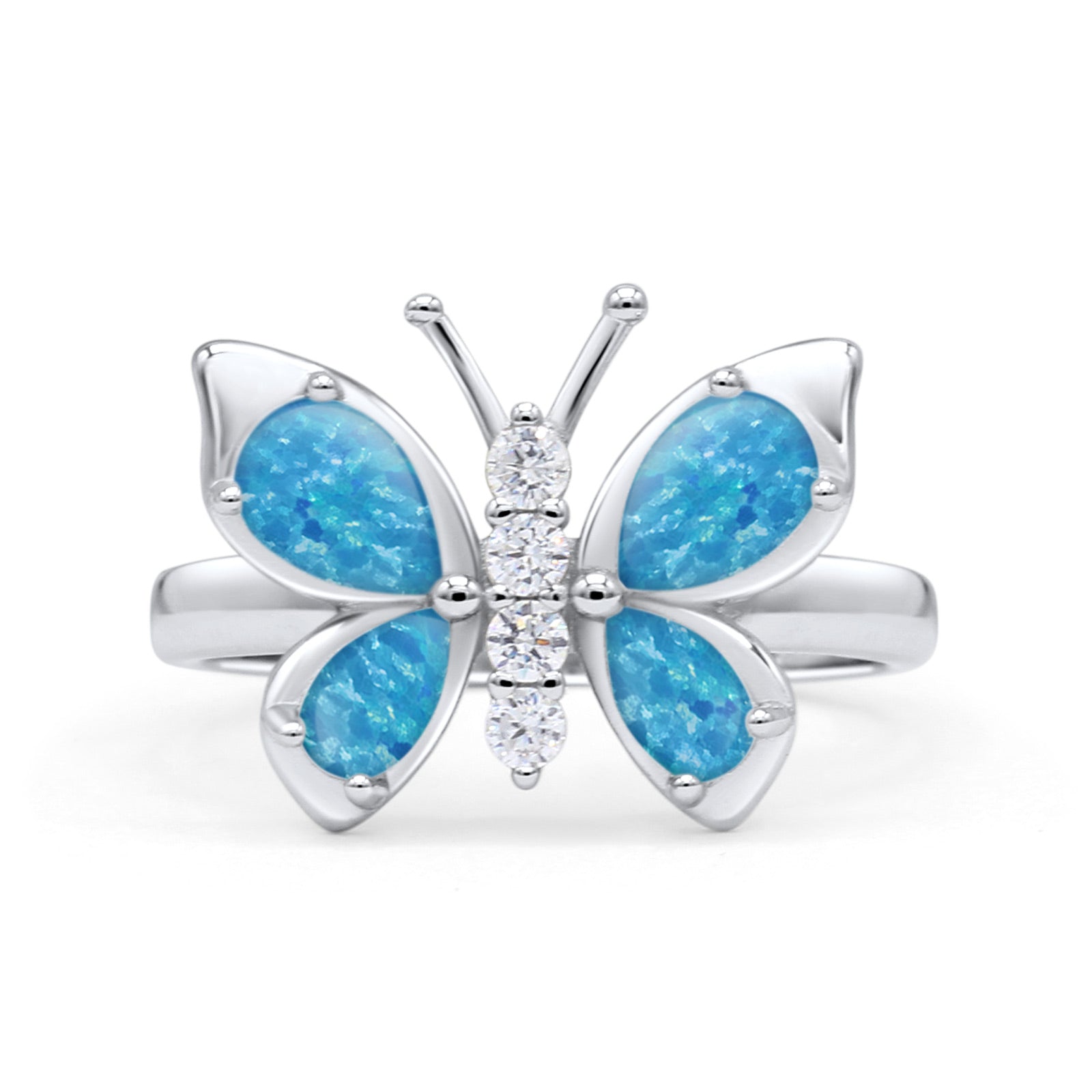 Butterfly Ring Band Thumb Ring Statement Fashion Ring Lab Created Opal Round CZ 925 Sterling Silver