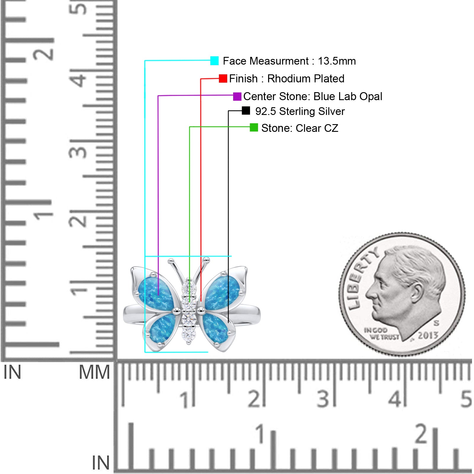 Butterfly Ring Band Thumb Ring Statement Fashion Ring Lab Created Opal Round CZ 925 Sterling Silver