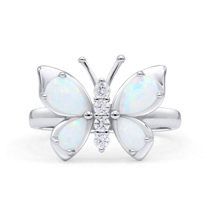 Butterfly Ring Band Thumb Ring Statement Fashion Ring Lab Created Opal Round CZ 925 Sterling Silver