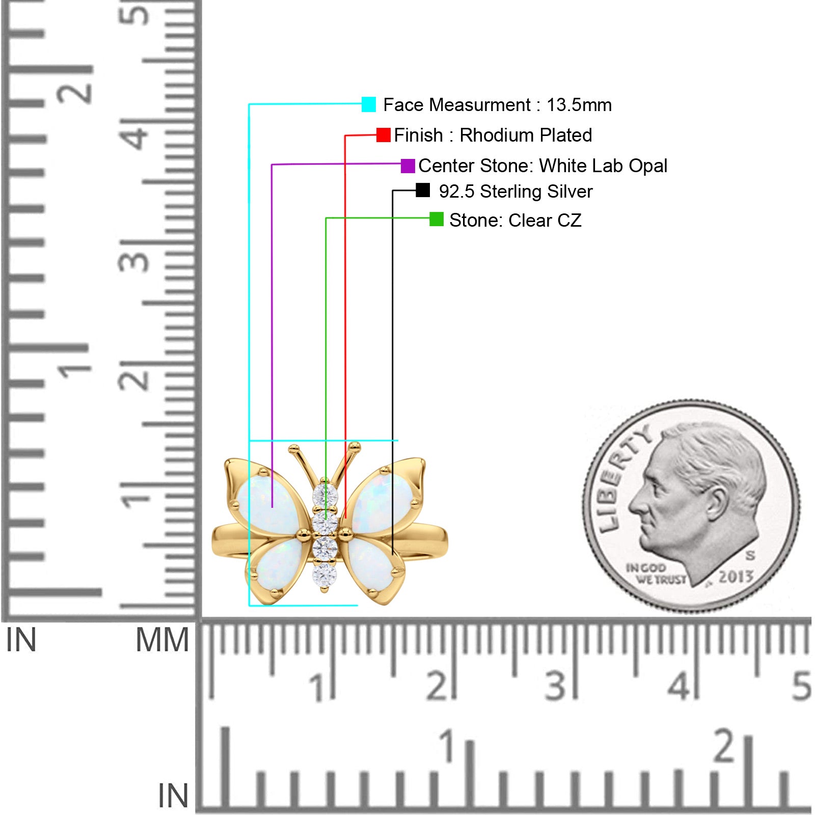 Butterfly Ring Band Thumb Ring Statement Fashion Ring Lab Created Opal Round CZ 925 Sterling Silver