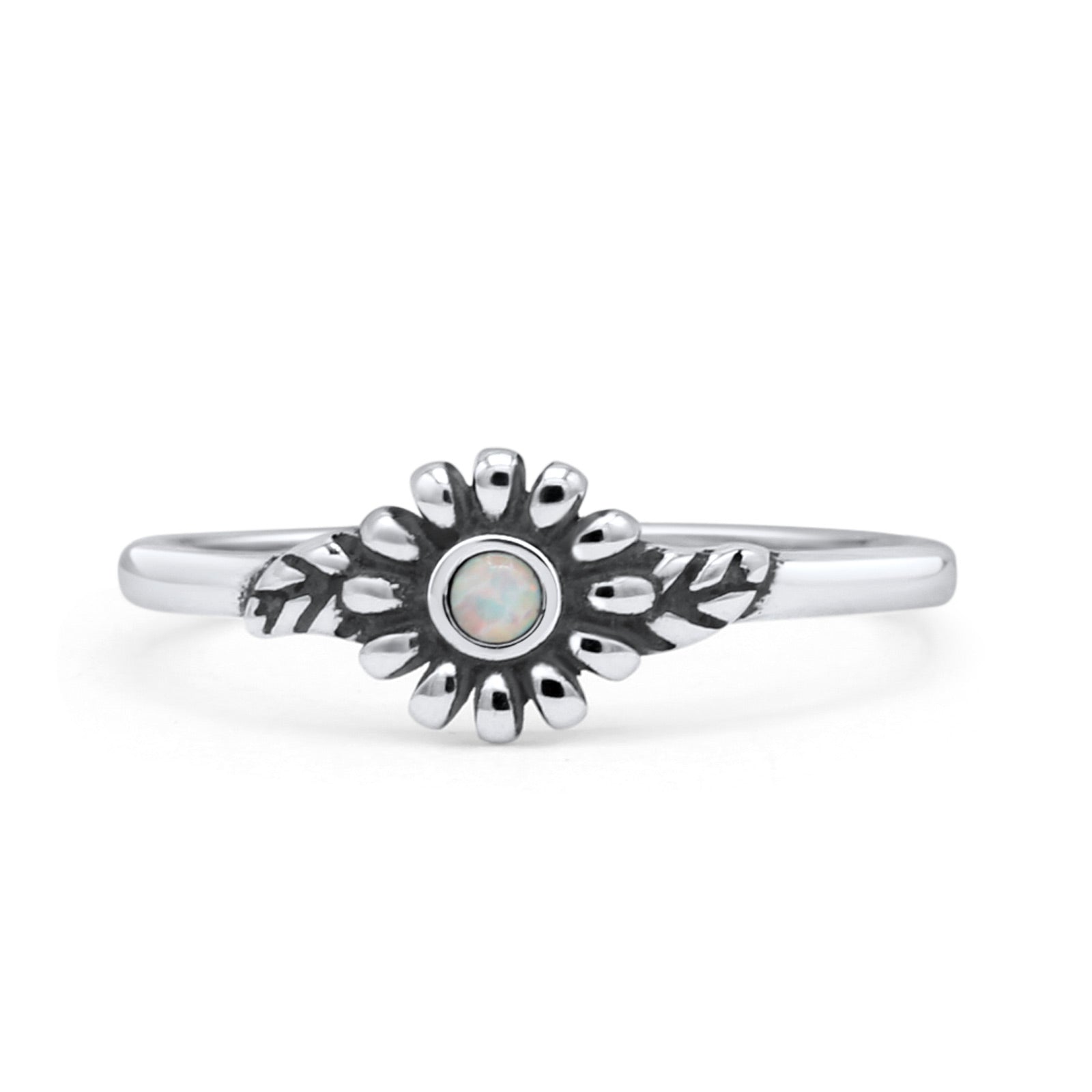 Flower Thumb Ring Oxidized Statement Fashion Ring Band Lab Created Opal 925 Sterling Silver