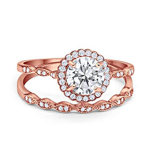Two Piece Halo Wedding Ring Round Simulated Cubic Zirconia 925 Sterling Silver