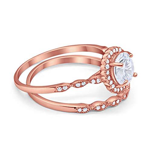 Two Piece Halo Wedding Ring Round Simulated Cubic Zirconia 925 Sterling Silver
