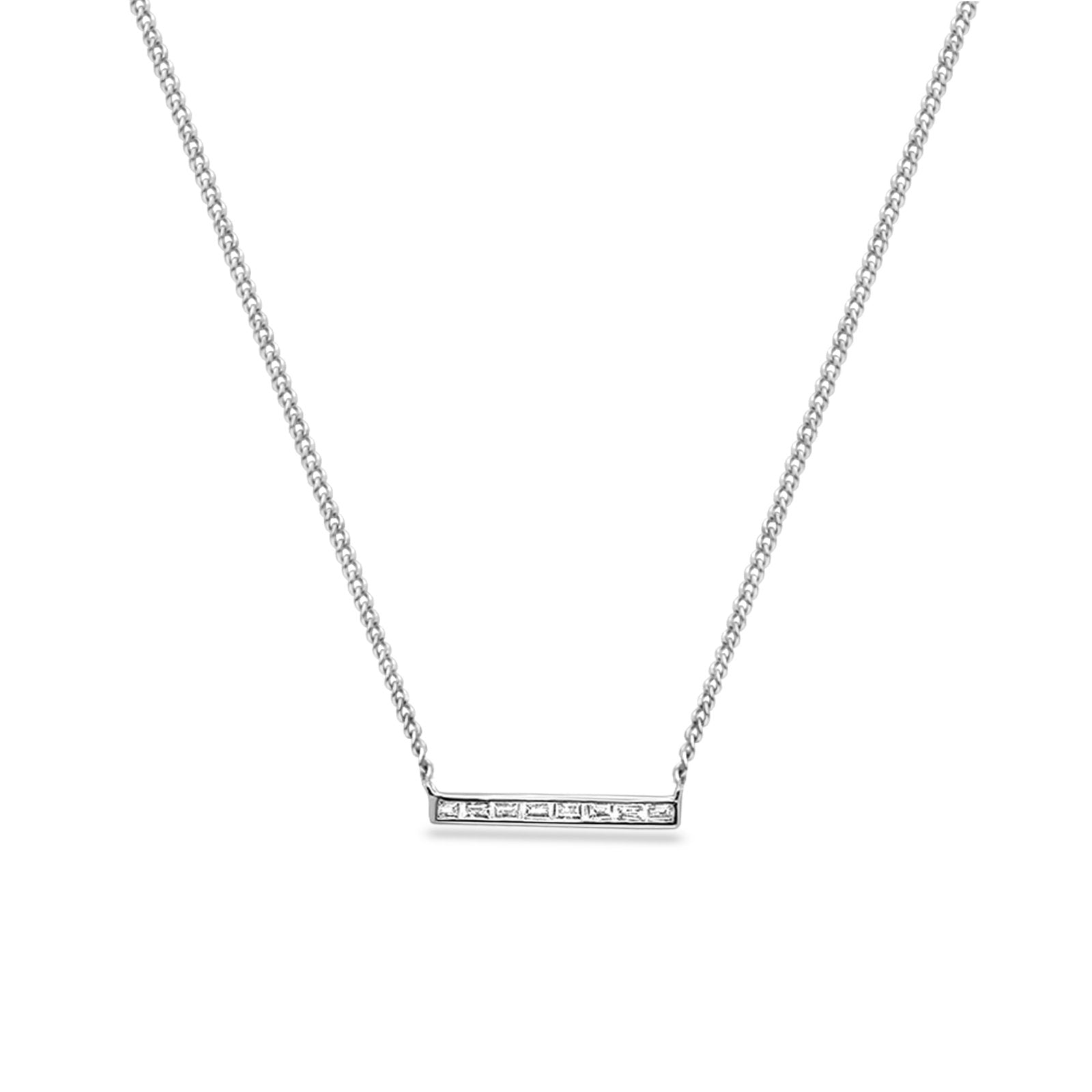 14K Gold Baguette Diamond Trendy Bar .15ct Pendant Necklace 16"+2"