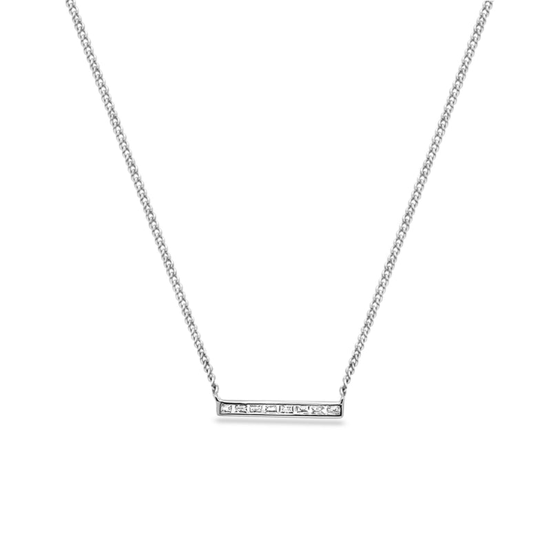 14K Gold Baguette Diamond Trendy Bar .15ct Pendant Necklace 16"+2"