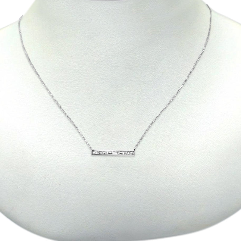14K Gold Baguette Diamond Trendy Bar .15ct Pendant Necklace 16"+2"
