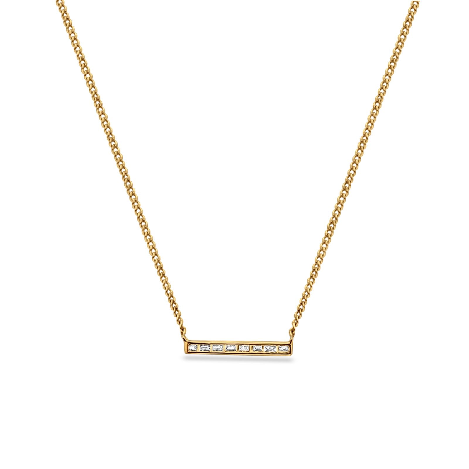 14K Gold Baguette Diamond Trendy Bar .15ct Pendant Necklace 16"+2"