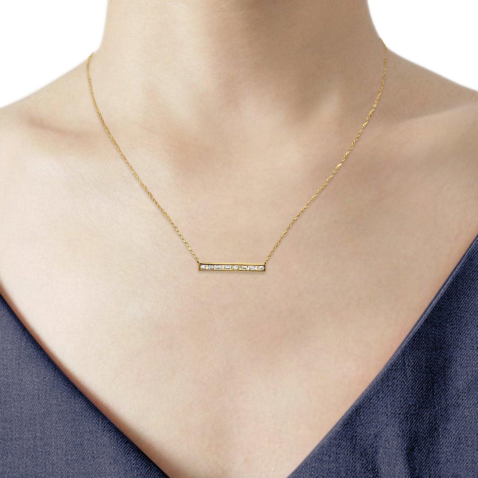 14K Gold Baguette Diamond Trendy Bar .15ct Pendant Necklace 16"+2"