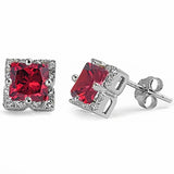 Halo Stud Earrings Princess Cut Simulated CZ 925 Sterling Silver