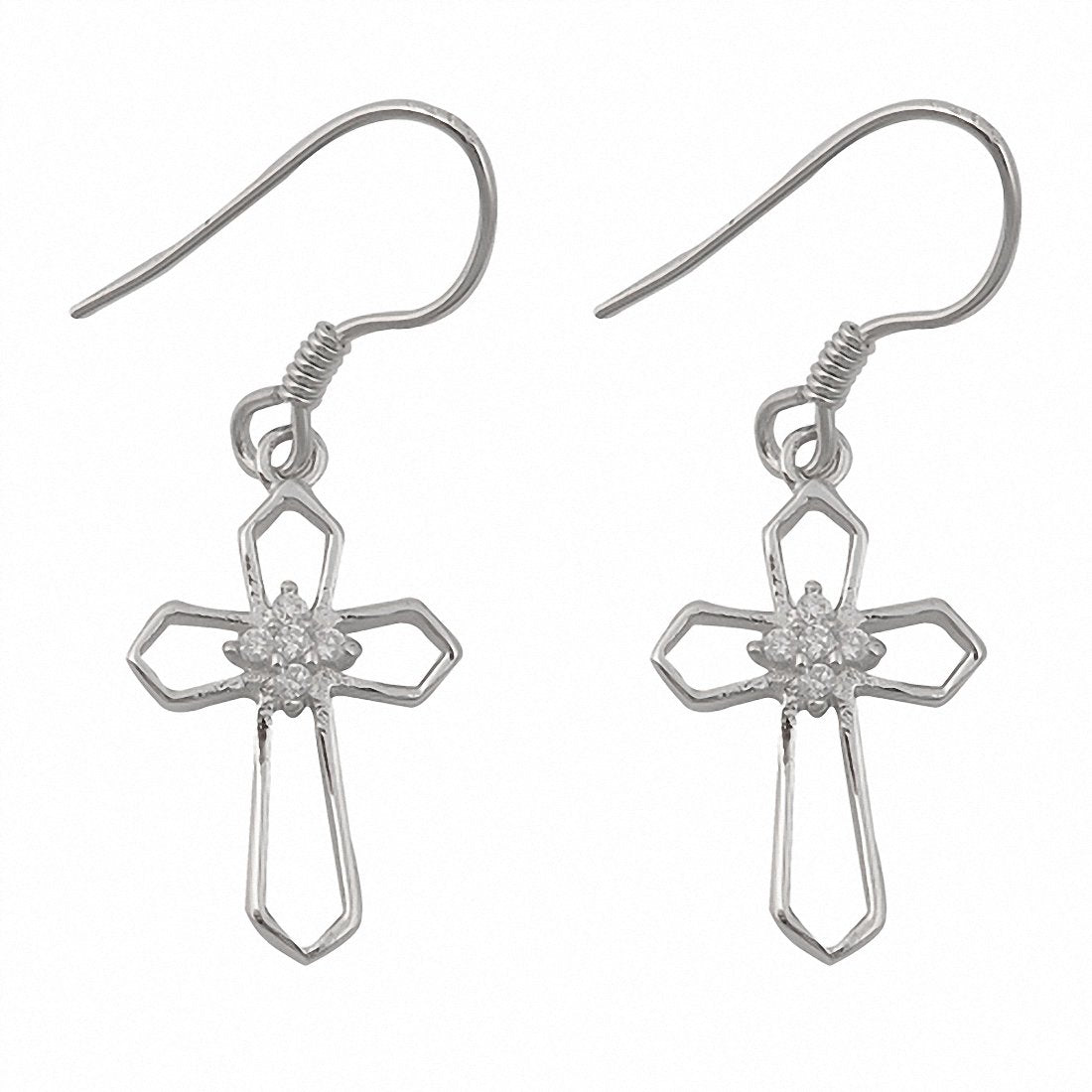 Fish Hook Drop Dangle Cross Earrings 925 Sterling Silver Round Cubic Zirconia Choose Color