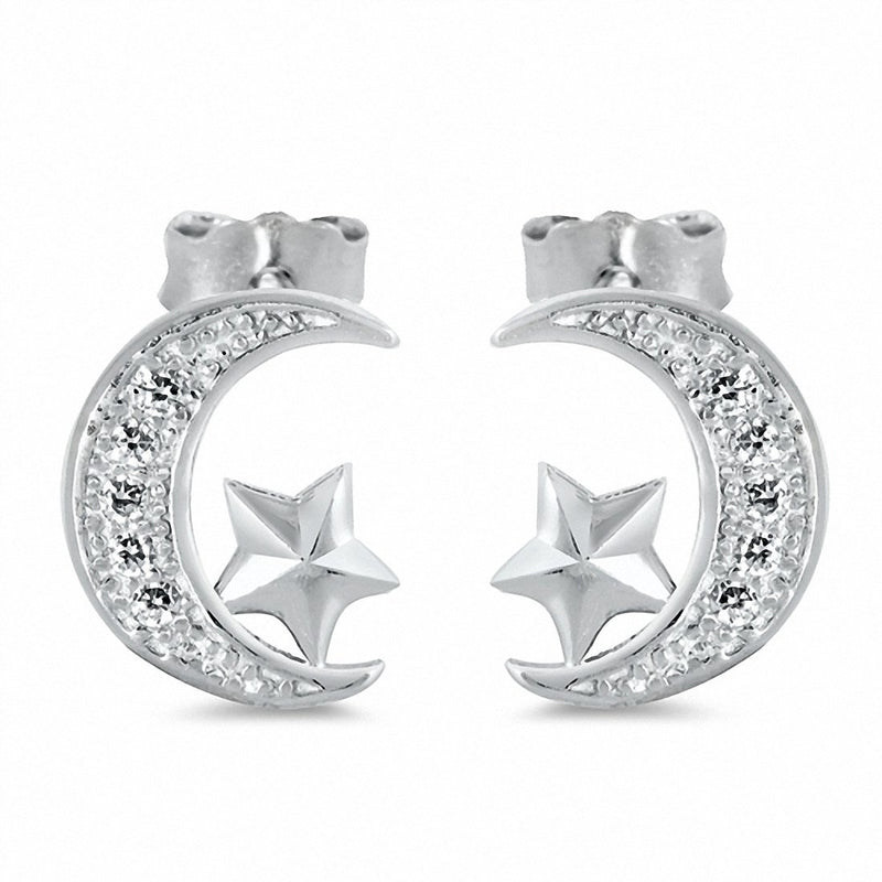 Moon Star Stud Earrings Solid 925 Sterling Silver