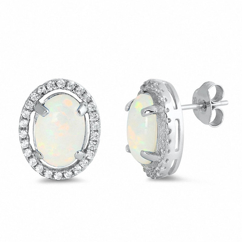 Halo Oval Lab Created Opal Round Cubic Zirconia Stud Earrings 925 Sterling Silver