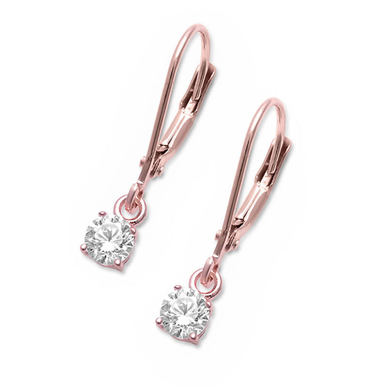 Solitaire Leverback Earrings 3mm-8mm Round Cubic Zirconia Rose, Yellow Gold Rhodium Plated 925 Sterling Silver Choose Size - Blue Apple Jewelry