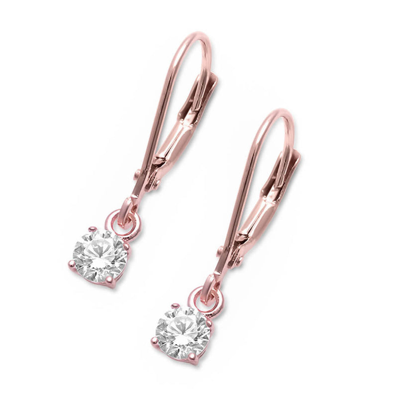 Solitaire Leverback Earrings 3mm-8mm Round Cubic Zirconia Rose, Yellow Gold Rhodium Plated 925 Sterling Silver Choose Size - Blue Apple Jewelry