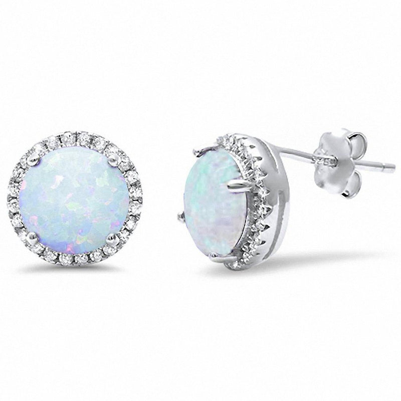8mm Halo Wedding Stud Earrings Round Lab Created Opal 925 Sterling Silver Choose Color