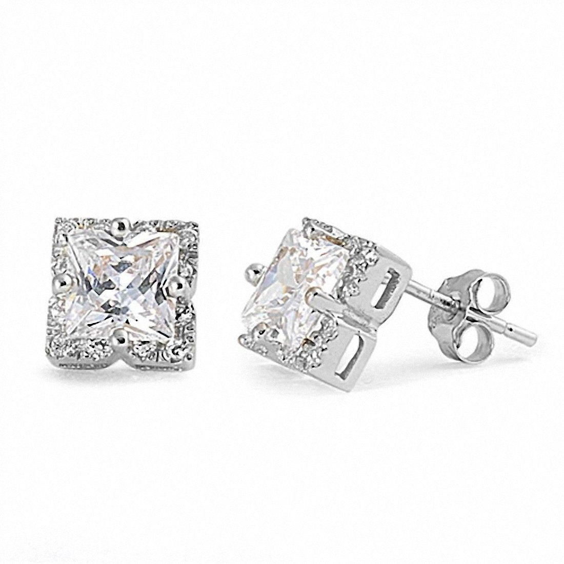 Halo Stud Earrings Princess Cut Simulated CZ 925 Sterling Silver