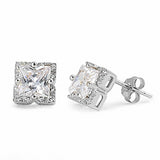 Halo Stud Earrings Princess Cut Simulated CZ 925 Sterling Silver