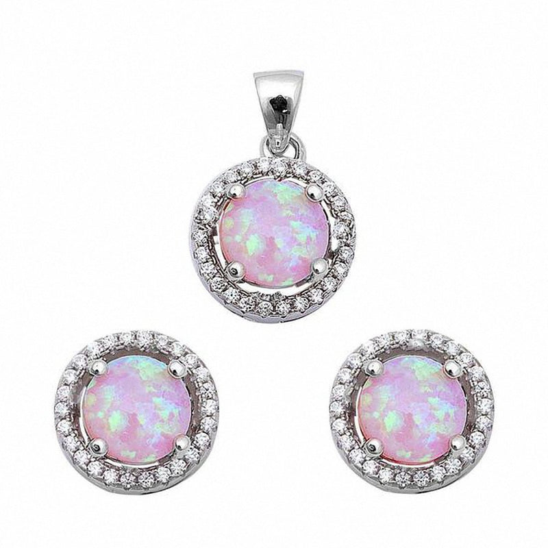 Halo Jewelry Set Round Cubic Zirconia Lab Created Opal 925 Sterling Silver