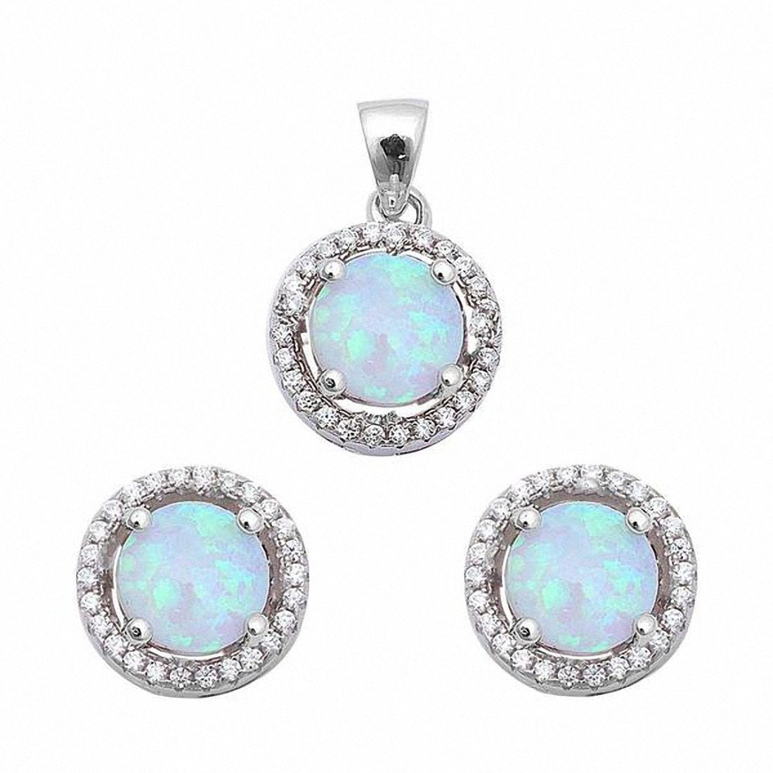 Halo Jewelry Set Round Cubic Zirconia Lab Created Opal 925 Sterling Silver