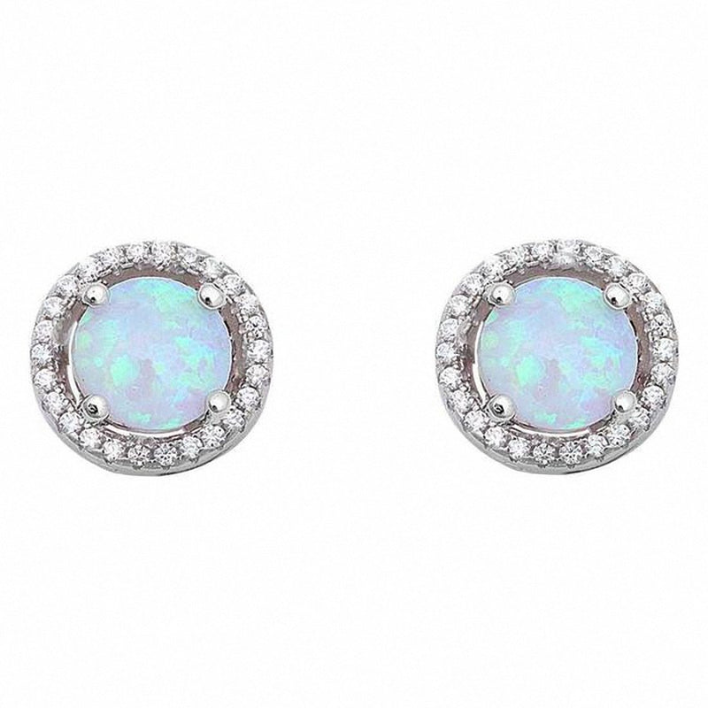 Halo Created Opal Earrings Round Simulated Cubic Zirconia 925 Sterling Silver