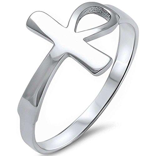 Petite Dainty Sideways Egyptian Ankh Cross Ring 925 Sterling Silver