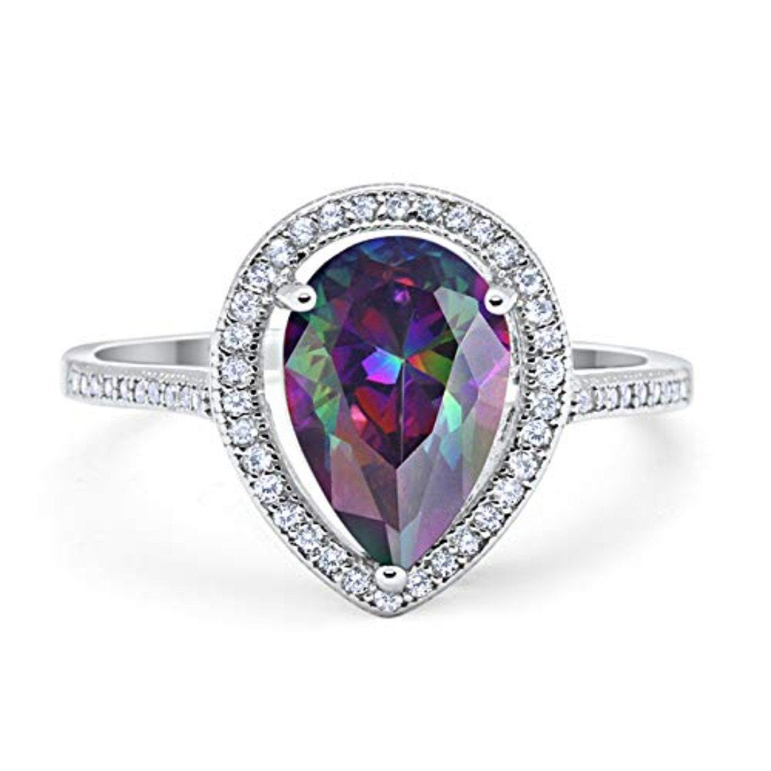 Halo Teardrop Pear Shape Simulated Cubic Zirconia Ring  925 Sterling Silver