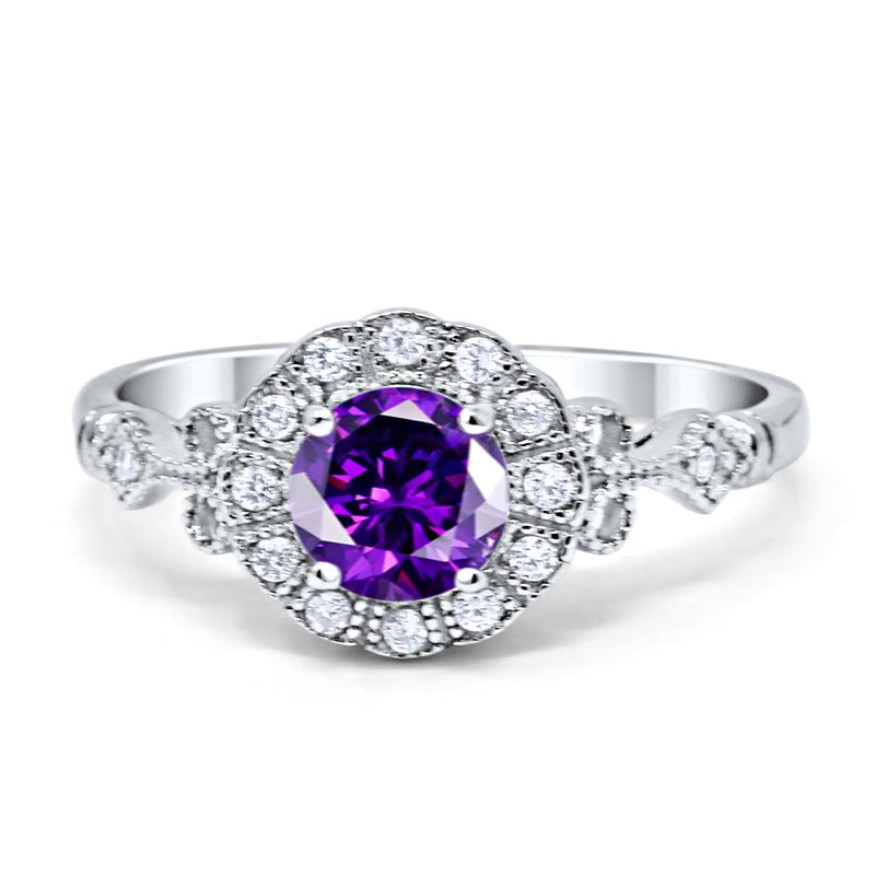 Halo Art Deco Filigree Engagement Ring Round Cubic Zirconia Solid 925 Sterling Silver Choose Color
