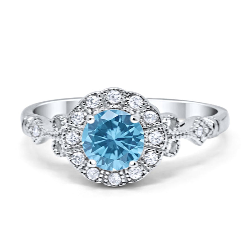 Halo Art Deco Filigree Engagement Ring Round Cubic Zirconia Solid 925 Sterling Silver Choose Color