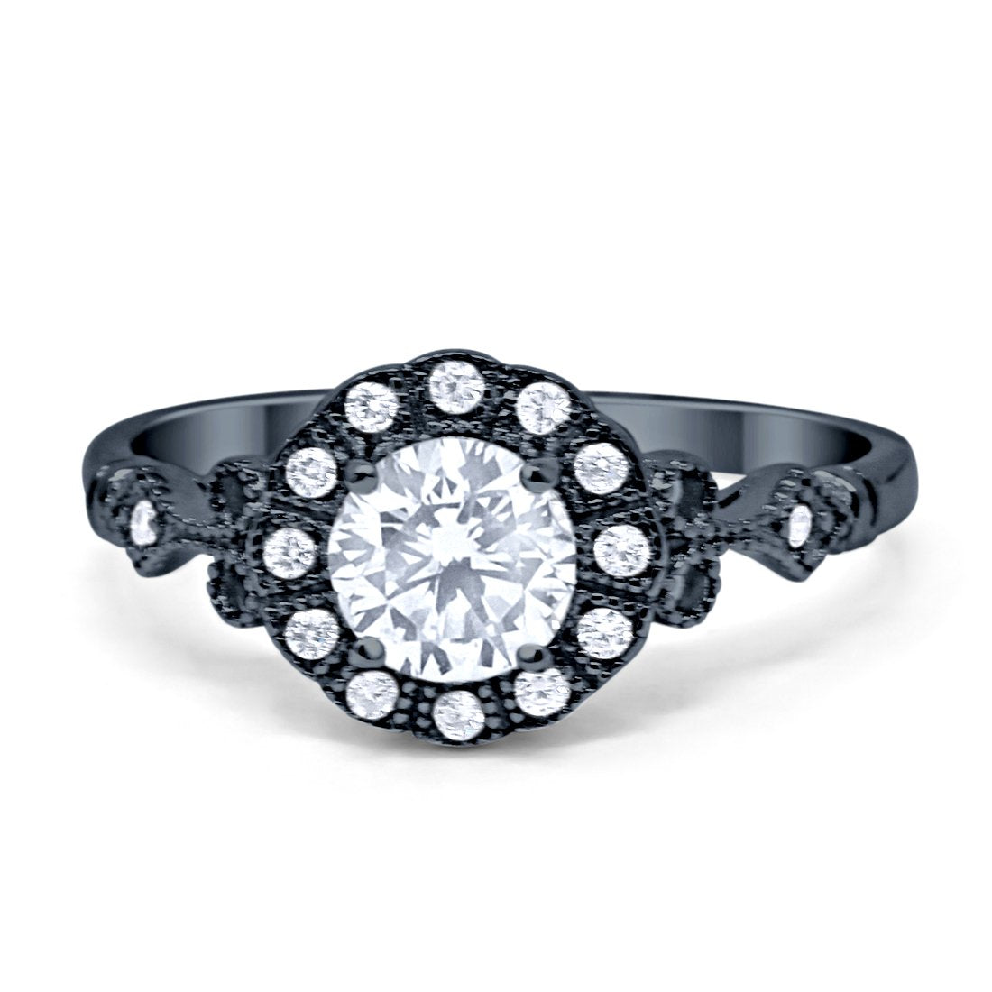 Halo Art Deco Filigree Engagement Ring Round Cubic Zirconia Solid 925 Sterling Silver Choose Color