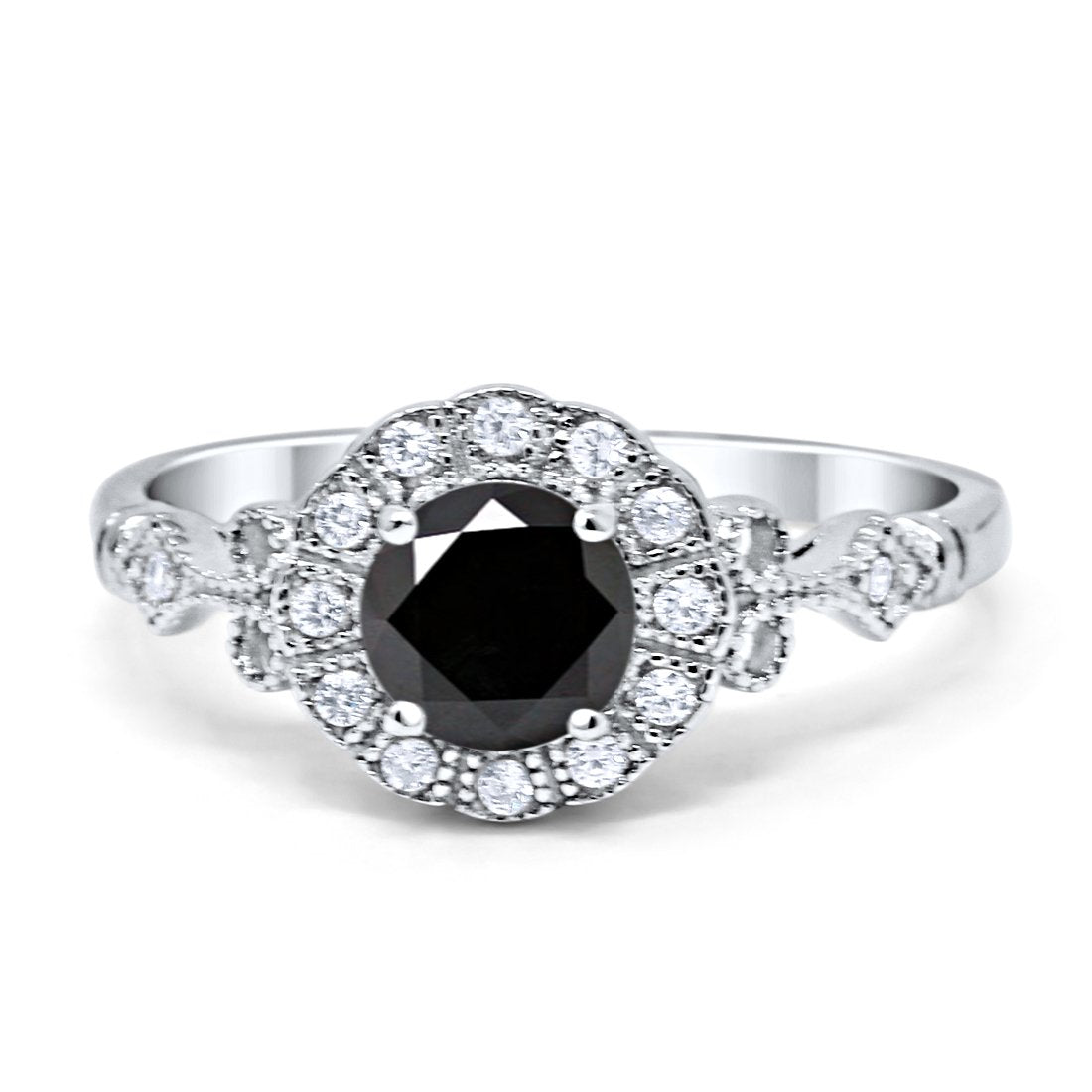 Halo Art Deco Filigree Engagement Ring Round Cubic Zirconia Solid 925 Sterling Silver Choose Color