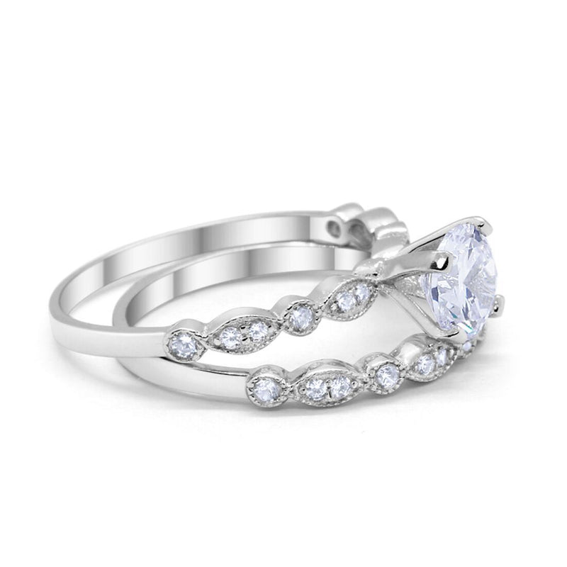 Art Deco Style Vintage Two Piece Wedding Engagement Bridal Set Ring Band Round Cubic Zirconia 925 Sterling Silver Choose Color