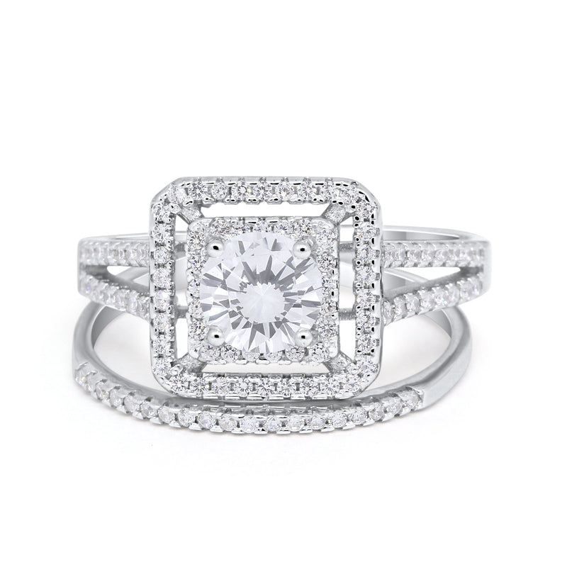 Halo 2 Piece Wedding Ring Band Set Round Simulated CZ 925 Sterling Silver