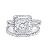 Halo 2 Piece Wedding Ring Band Set Round Simulated CZ 925 Sterling Silver