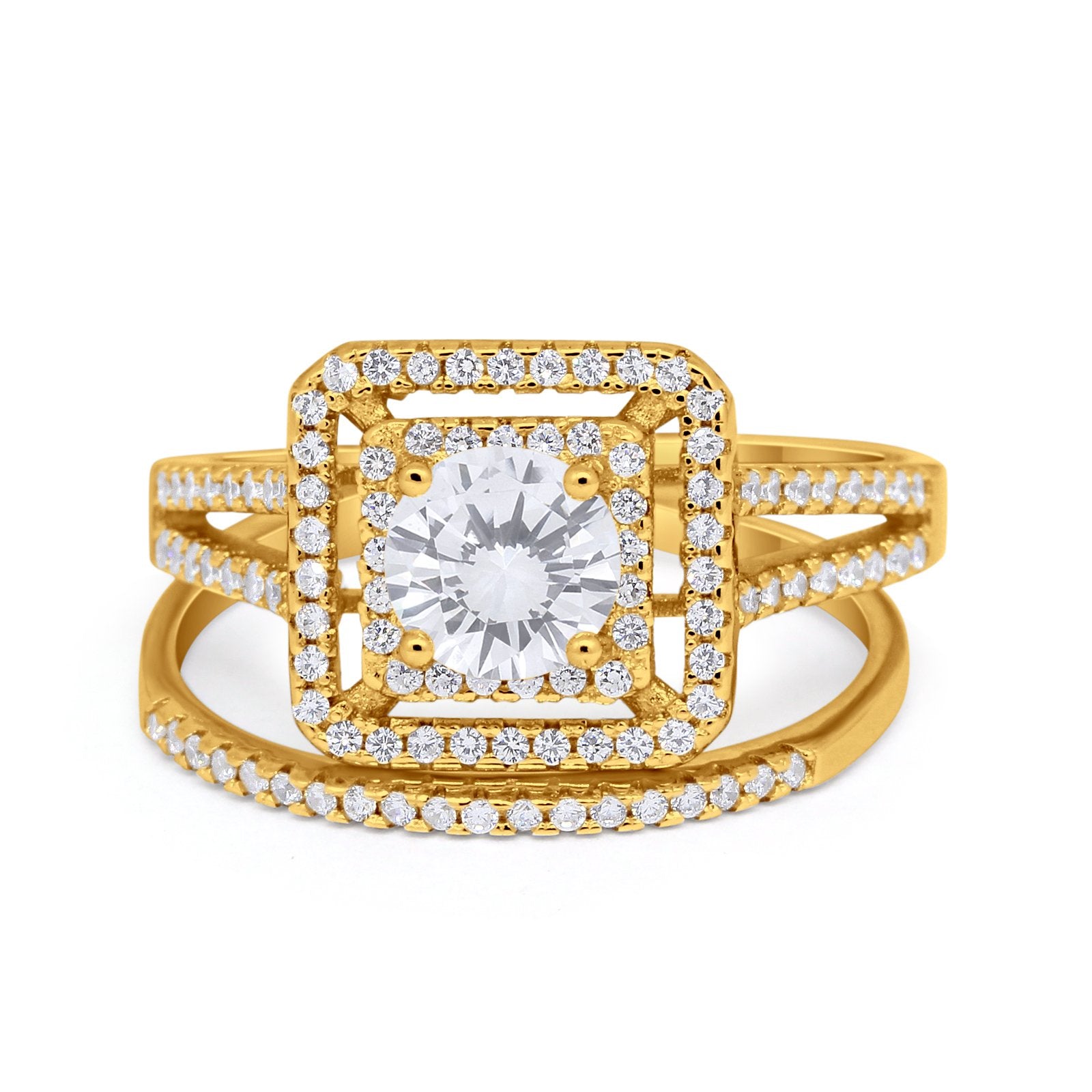 Halo 2 Piece Wedding Ring Band Set Round Simulated CZ 925 Sterling Silver