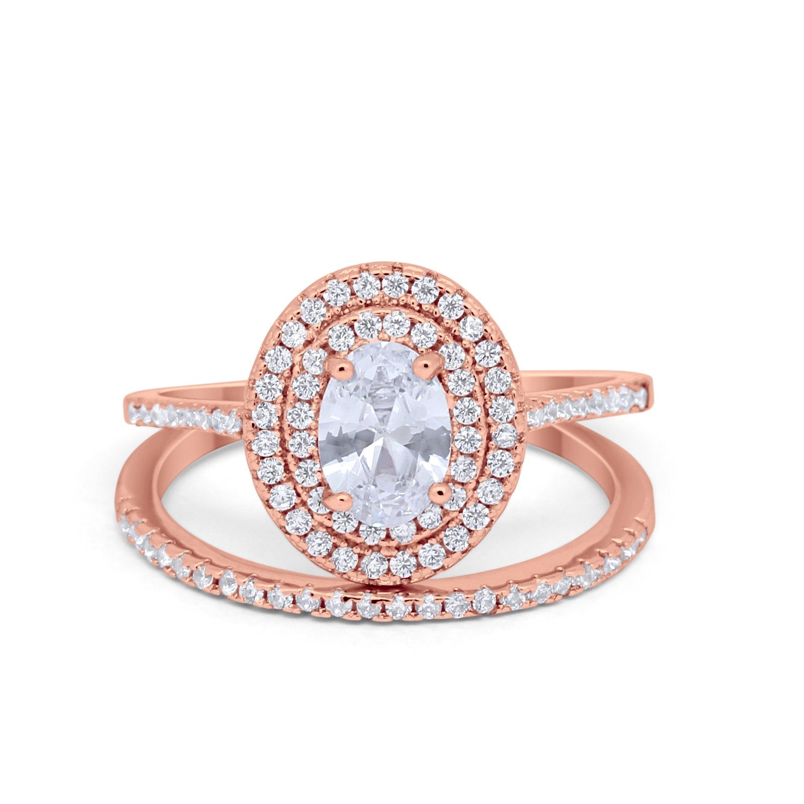 Halo Wedding Piece Bridal Ring Oval Simulated Cubic Zirconia Sterling Silver